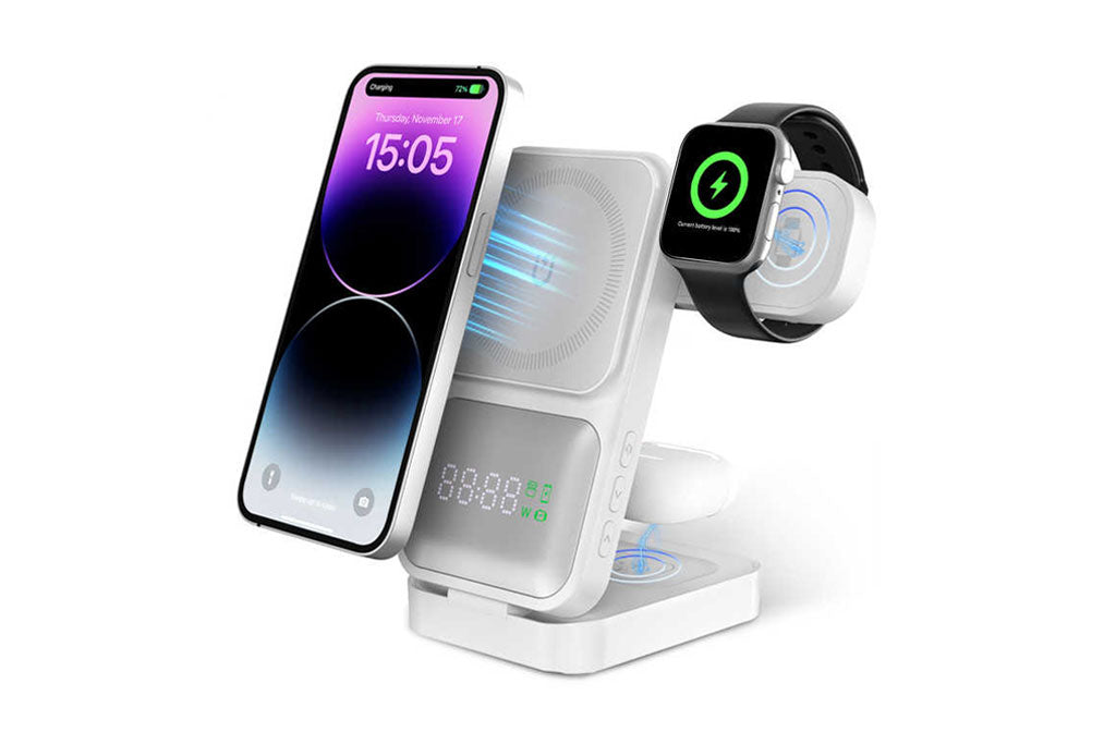 4 in 1 Wireless Charger With Clock Display 15W Fast Charging Wireless Charger